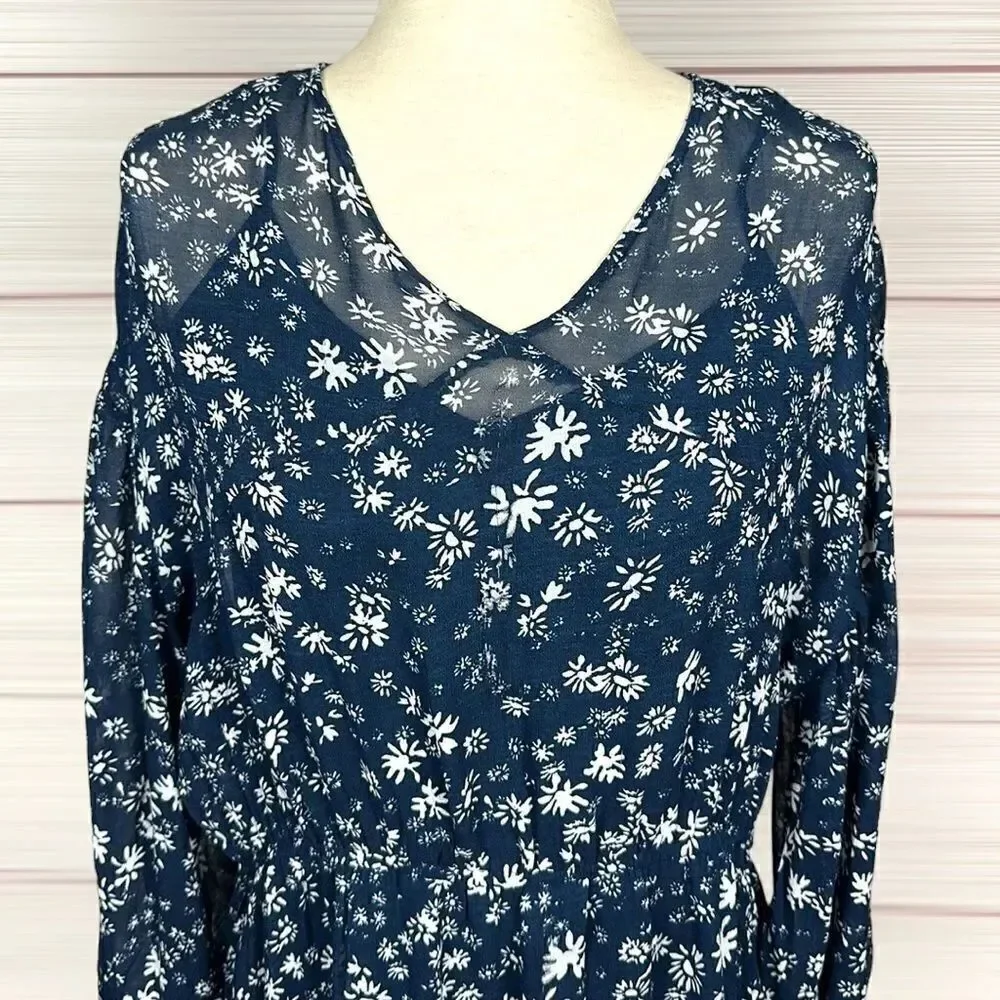 Free People Wallflower Midi Chiffon Dress Navy/White Flared Semi Sheer size S